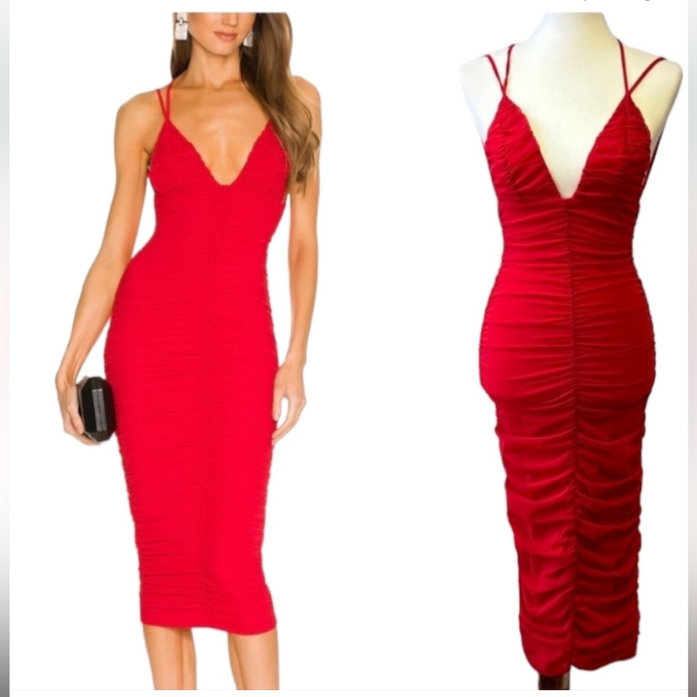 NWT Revolve X Michael Costello Red Fiji Ruched Midi Dress Size XL